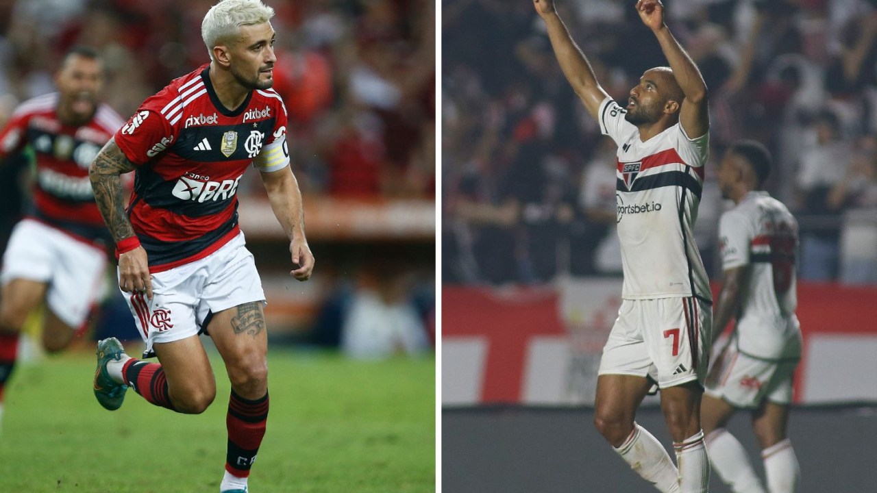 De Arrascaeta, jogador do Flamengo e Lucas Moura, jogador do São Paulo
