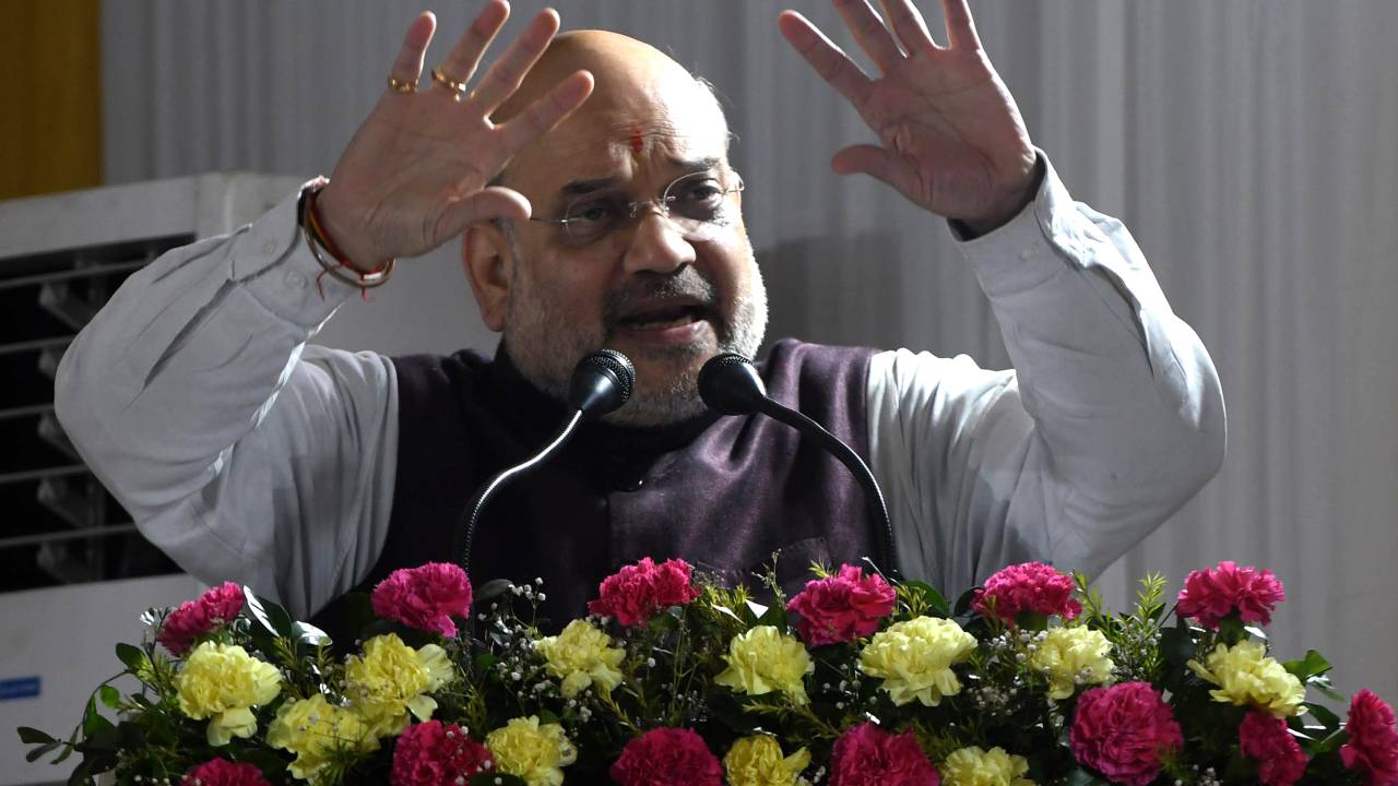 Union Home Minister Amit Shah during the inauguration of Janaganana Bhawan at Amingaon, in Kamrup district of Assam ,India Monday, May 9, 2022. (Photo by Anuwar Hazarika/NurPhoto via Getty Images)