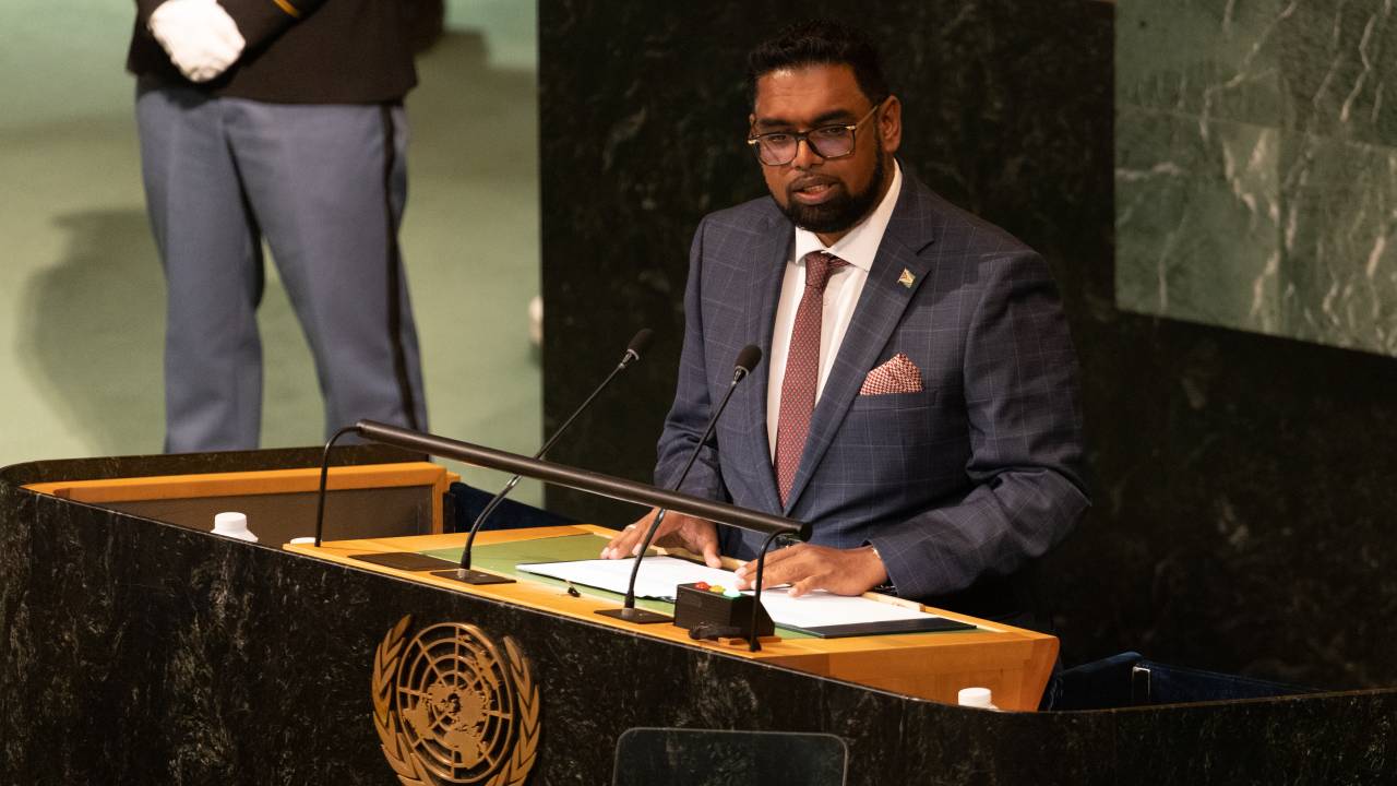 Mohamed Irfaan Ali, president of Guyana, speaks during the United Nations General Assembly (UNGA) in New York, US, on Wednesday, Sept. 21, 2022. All eyes will be on US President Biden on Wednesday as he tries to rally international support for Ukraine following Russia's escalation with world leaders gathered at the United Nations. Photographer: Jeenah Moon/Bloomberg via Getty Images