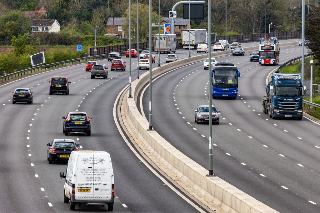 Vehicles pass along a recently completed section of the M4 smart motorway on 19 April 2023 in Slough, United Kingdom. The government has announced the cancellation of all new smart motorways due to cost and safety concerns but it faces growing calls to reinstate hard shoulders on existing smart motorways in spite of a previously announced safety refit. (photo by Mark Kerrison/In Pictures via Getty Images)