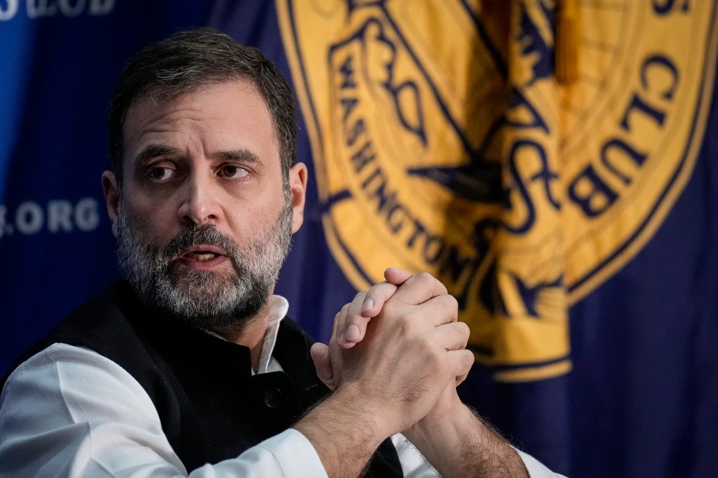 WASHINGTON, DC - JUNE 1: Indian opposition leader Rahul Gandhi speaks at the National Press Club on June 1, 2023 in Washington, DC. Gandhi is on weeklong trip to the United States. His remarks included his thoughts about the future of Indian democracy, freedom of speech and inclusive economic growth. (Photo by Drew Angerer/Getty Images)