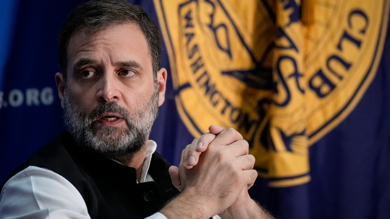WASHINGTON, DC - JUNE 1: Indian opposition leader Rahul Gandhi speaks at the National Press Club on June 1, 2023 in Washington, DC. Gandhi is on weeklong trip to the United States. His remarks included his thoughts about the future of Indian democracy, freedom of speech and inclusive economic growth. (Photo by Drew Angerer/Getty Images)