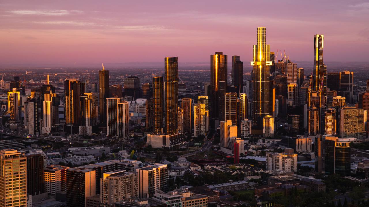 MELBOURNE, AUSTRALIA - JANUARY 24: A view of Melbourne's central business district at sunrise on January 24, 2022 in Melbourne, Australia. (Photo by Cameron Spencer/Getty Images)