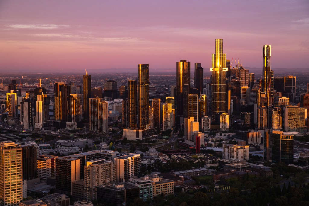 MELBOURNE, AUSTRALIA - JANUARY 24: A view of Melbourne's central business district at sunrise on January 24, 2022 in Melbourne, Australia. (Photo by Cameron Spencer/Getty Images)