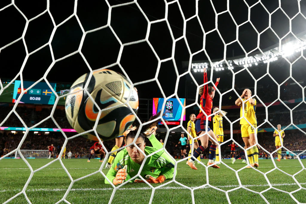 AUCKLAND, NEW ZEALAND - AUGUST 15: (EDITORS NOTE: In this photo taken from a remote camera from behind the goal.) Zecira Musovic of Sweden shows dejection as Salma Paralluelo of Spain scores her team's first goal during the FIFA Women's World Cup Australia & New Zealand 2023 Semi Final match between Spain and Sweden at Eden Park on August 15, 2023 in Auckland, New Zealand. (Photo by Phil Walter/Getty Images)
