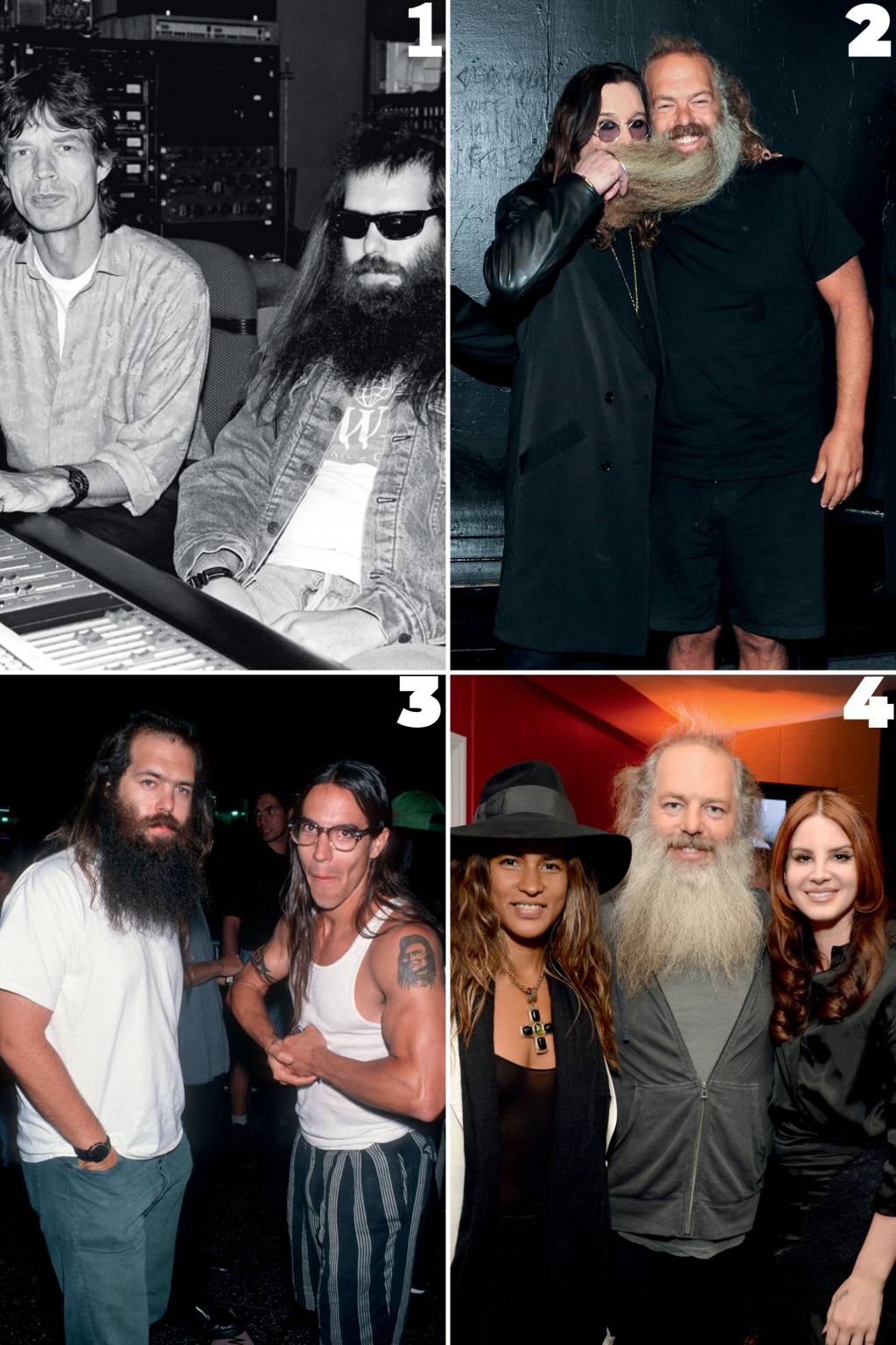 Rick-Rubin-2 SUCESSOS - No estúdio com Mick Jagger, em 1991 (1); à vontade com Ozzy Osbourne (2); com Anthony Kiedis, do Red Hot Chili Peppers (3); com a esposa e a cantora Lana Del Rey (4): ecletismo notável com resultados que moldaram a face do rock e do pop