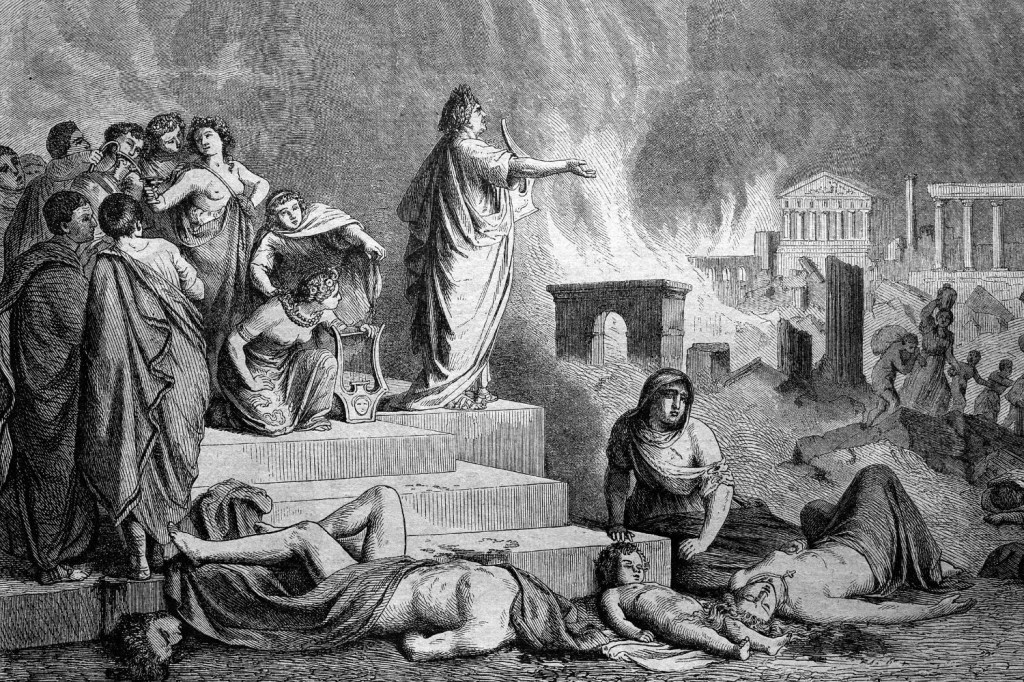 Famosa ilustração de Nero, o imperador romano, admirando a cidade em chamas