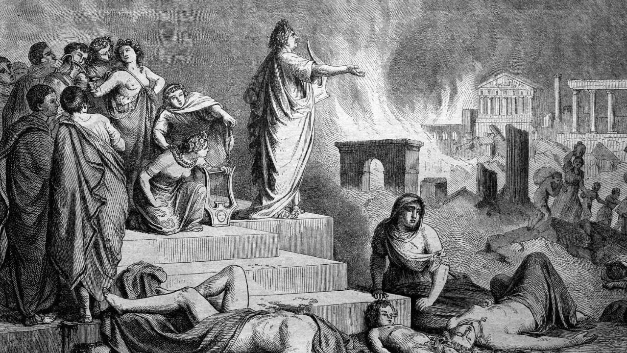 Famosa ilustração de Nero, o imperador romano, admirando a cidade em chamas