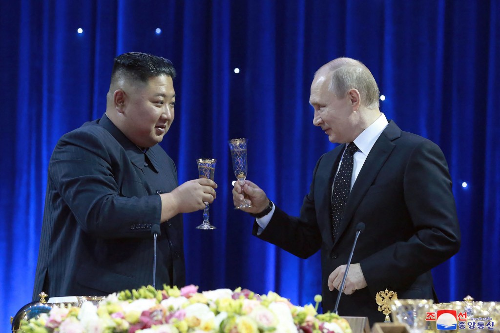 (FILES) This picture taken on April 25, 2019 and released by North Korea's official Korean Central News Agency (KCNA) on April 26 shows Russian President Vladimir Putin (R) and North Korean leader Kim Jong Un attending a reception following their talks at the Far Eastern Federal University campus on Russky island in the far-eastern Russian port of Vladivostok. North Korean leader Kim Jong Un will visit Russia and hold a summit with President Vladimir Putin, Pyongyang state media said on September 11, 2023, after South Korean media reported Kim's train had departed. (Photo by KCNA VIA KNS / AFP) / South Korea OUT / REPUBLIC OF KOREA OUT ---EDITORS NOTE--- RESTRICTED TO EDITORIAL USE - MANDATORY CREDIT "AFP PHOTO/KCNA VIA KNS" - NO MARKETING NO ADVERTISING CAMPAIGNS - DISTRIBUTED AS A SERVICE TO CLIENTSTHIS PICTURE WAS MADE AVAILABLE BY A THIRD PARTY. AFP CAN NOT INDEPENDENTLY VERIFY THE AUTHENTICITY, LOCATION, DATE AND CONTENT OF THIS IMAGE. /