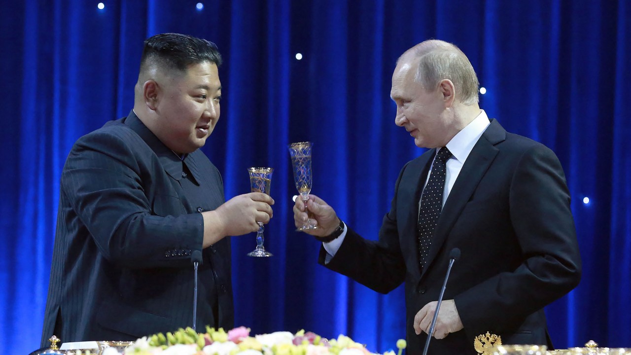 (FILES) This picture taken on April 25, 2019 and released by North Korea's official Korean Central News Agency (KCNA) on April 26 shows Russian President Vladimir Putin (R) and North Korean leader Kim Jong Un attending a reception following their talks at the Far Eastern Federal University campus on Russky island in the far-eastern Russian port of Vladivostok. North Korean leader Kim Jong Un will visit Russia and hold a summit with President Vladimir Putin, Pyongyang state media said on September 11, 2023, after South Korean media reported Kim's train had departed. (Photo by KCNA VIA KNS / AFP) / South Korea OUT / REPUBLIC OF KOREA OUT ---EDITORS NOTE--- RESTRICTED TO EDITORIAL USE - MANDATORY CREDIT "AFP PHOTO/KCNA VIA KNS" - NO MARKETING NO ADVERTISING CAMPAIGNS - DISTRIBUTED AS A SERVICE TO CLIENTSTHIS PICTURE WAS MADE AVAILABLE BY A THIRD PARTY. AFP CAN NOT INDEPENDENTLY VERIFY THE AUTHENTICITY, LOCATION, DATE AND CONTENT OF THIS IMAGE. /
