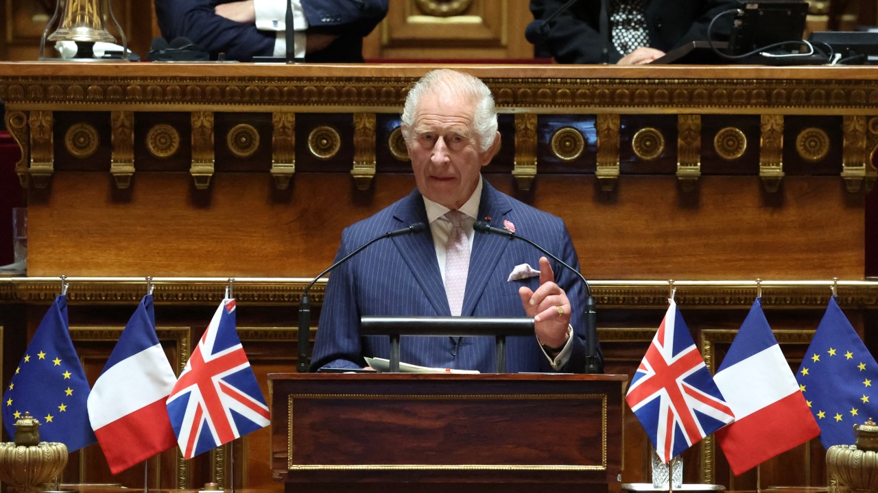 Britain's King Charles addresses Senators and members of the National Assembly at the French Senate, the first time a member of the British Royal Family has spoken from the Senate Chamber, in Paris on September 21, 2023. Britain's King Charles III and his wife Queen Camilla are on a three-day state visit starting on September 20, 2023, to Paris and Bordeaux, six months after rioting and strikes forced the last-minute postponement of his first state visit as king. (Photo by Emmanuel Dunand / POOL / AFP)