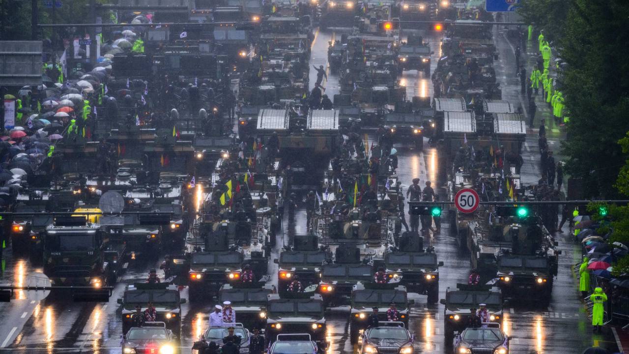 Military vehicles are seen before a parade to celebrate South Koreas 75th Armed Forces Day in Seoul on September 26, 2023. South Korea staged its first military parade in a decade on September 26, showcasing its advanced arsenal in the face of plummeting ties with nuclear-armed North Korea. (Photo by Anthony WALLACE / AFP)