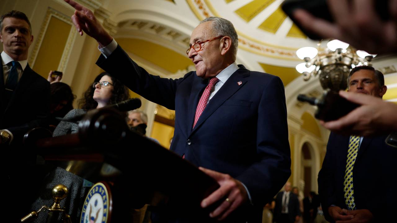 WASHINGTON, DC - SEPTEMBER 12: Senate Majority Leader Charles Schumer (D-NY) calls on reporters following the weekly Republican Senate policy luncheon meeting at the U.S. Capitol on September 12, 2023 in Washington, DC. Schumer was asked about Speaker of the House Kevin McCarthy's announcement of a formal impeachment inquiry into President Joe Biden. Chip Somodevilla/Getty Images/AFP (Photo by CHIP SOMODEVILLA / GETTY IMAGES NORTH AMERICA / Getty Images via AFP)