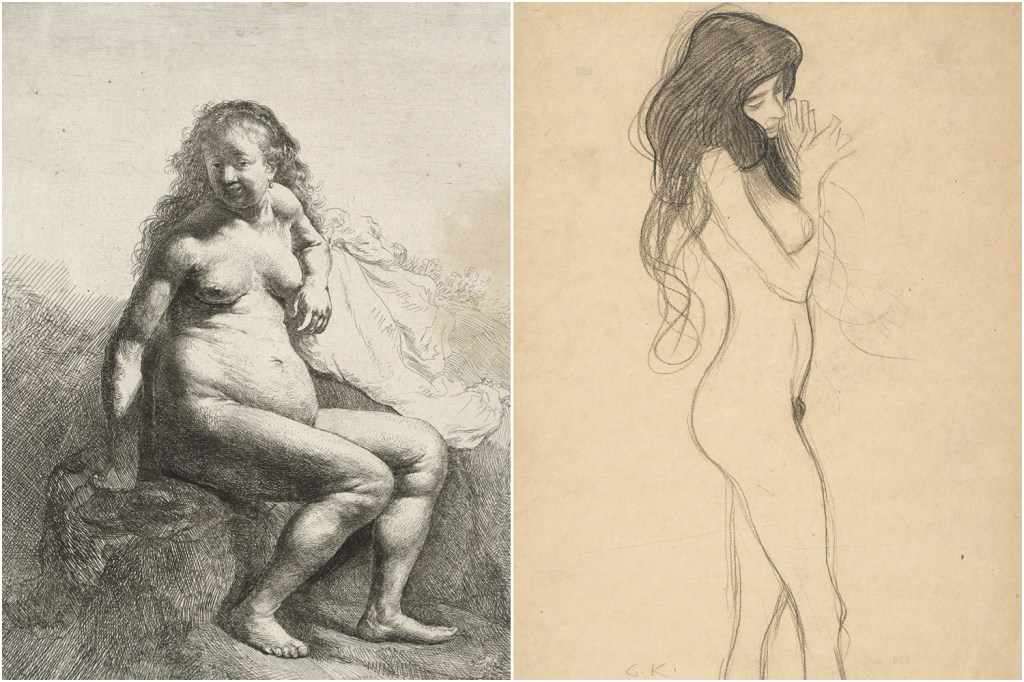 ESCANTEADAS - À esquerda, obra de Rembrandt, e o esboço de Klimt: ofuscado no Renascimento, o nu feminino foi resgatado nos séculos seguintes