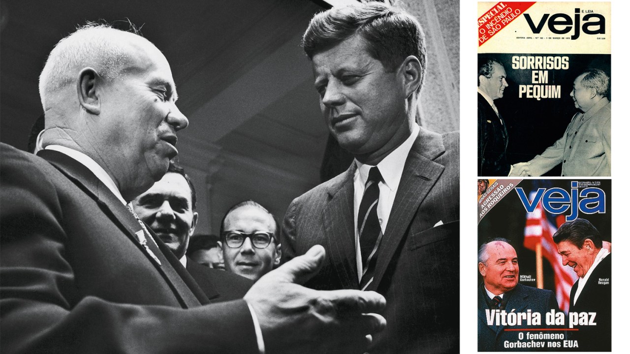 POR UM TRIZ - Kruschev (à esq.) e Kennedy, em 1962, ao fim da Crise dos Mísseis, e as capas de VEJA: o auge da Guerra Fria