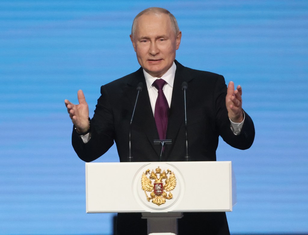 MOSCOW, RUSSIA - SEPTEMBER 28: (RUSSIA OUT) Russian President Vladimir Putin gestures during his speech at the concert at the State Kremlin Palace on September 28, 2023, in Moscow, Russia. Putin enshrined a date of annexing territories of four Ukrainian regions as a Reunification Day state holiday. (Photo by Contributor/Getty Images)