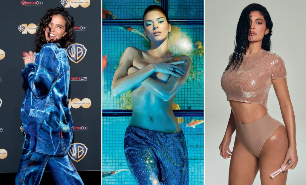 TROMPE l’OEIL - Bruna Marquezine de veludo azul (à esq.), Kendall e Kylie Jenner: o estilo encharcado como tendência