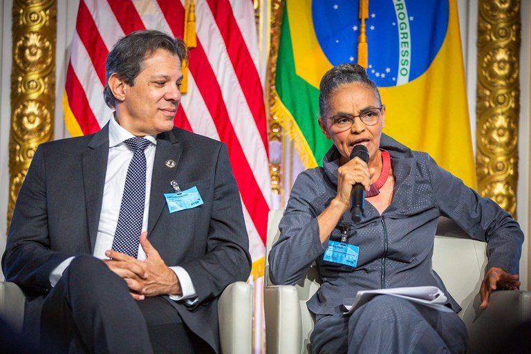 Os ministros Fernando Haddad (Fazenda) e Marina Silva (Meio Ambiente e Mudança do Clima), durante evento em Nova York, na última segunda-feira