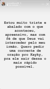 postagem de Bruno de Luca sobre Kayky Brito Bruno de Luca, no Instagram: ator e apresentador teria presenciado acidente com o amigo