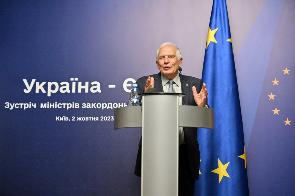 EU High Representative for Foreign Affairs and Security Policy Josep Borrell speaks during a joint press conference with Ukrainian foreign minister, following the EU-Ukraine foreign ministers' meeting in Kyiv, on October 2, 2023, amid the Russian invasion of Ukraine. (Photo by Sergei SUPINSKY / AFP)