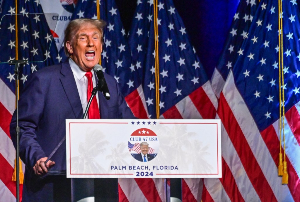 Former US President and 2024 Republican presidential hopeful Donald Trump holds a campaign event at Club 47 USA in West Palm Beach, Florida, on October 11, 2023. (Photo by GIORGIO VIERA / AFP)