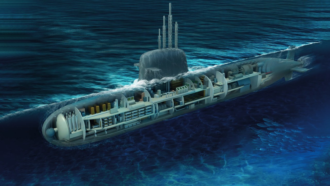 Projeção digital do submarino Álvaro Alberto, a primeira embarcação do tipo com propensão nuclear da Marinha brasileira