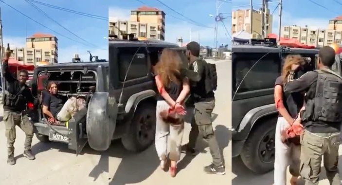 Capturas de vídeo que circula nas redes sociais mostram aparente momento em que membro do Hamas faz mulher de refém em Israel. -