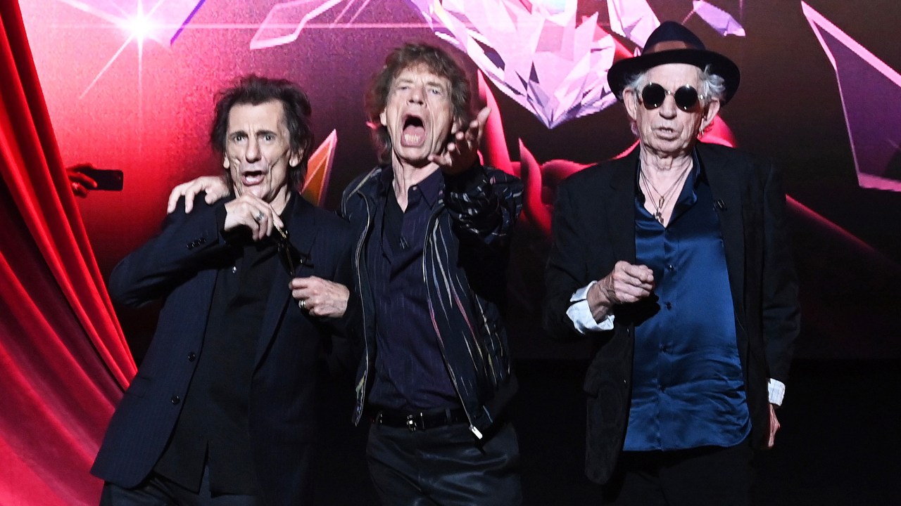 Ronnie Wood, Mick Jagger e Keith Richards em 06/09/2023 para evento de divulgação do álbum 'Hackney Diamonds'