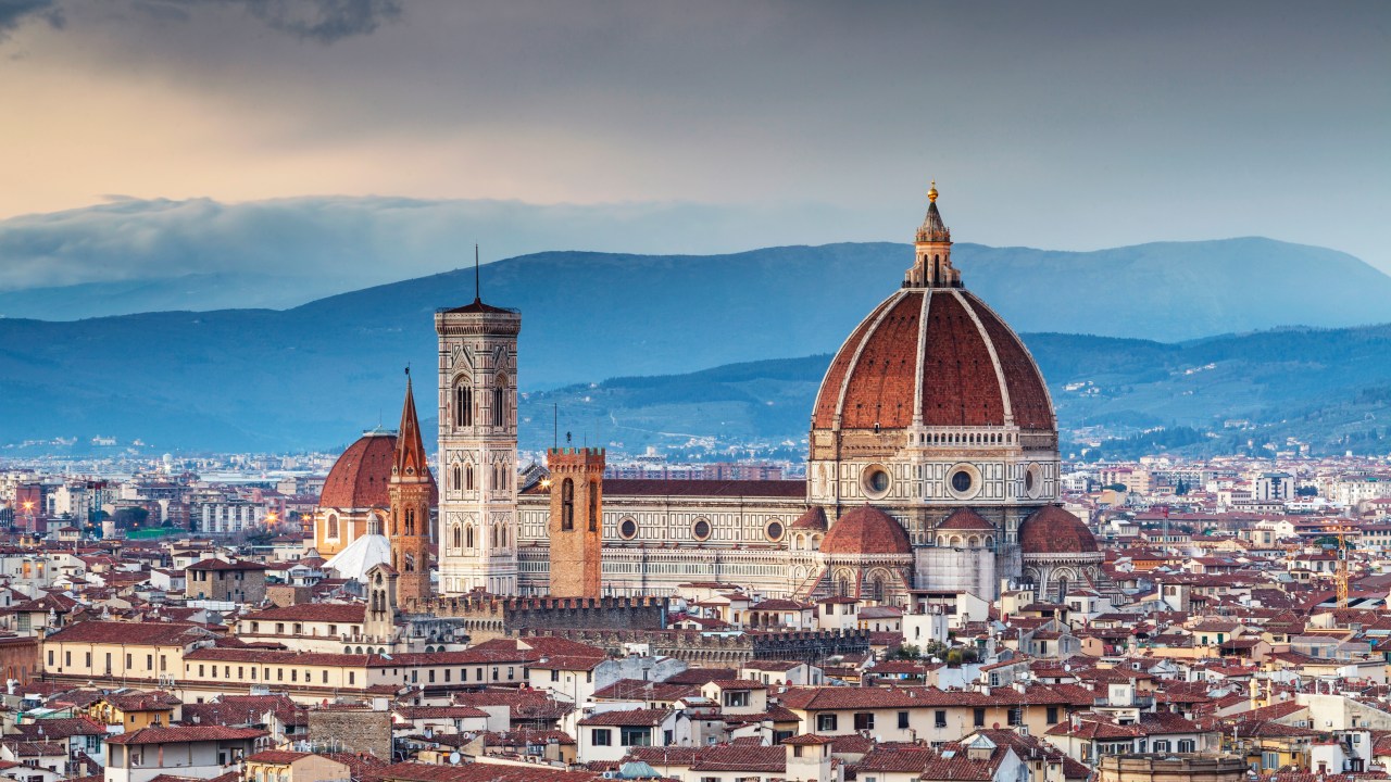 The historic centre of Florence is protected by UNESCO as a World Heritage Site. The dome of Basilica di Santa Maria del Fiore otherwise known as the Duomo can be seen.