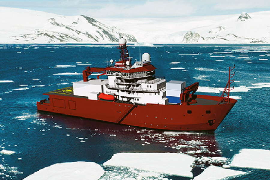 Modelo digital do navio polar Almirante Saldanha, projeto em construção pela Marinha para apoiar missões de pesquisa e exploração na Antártica