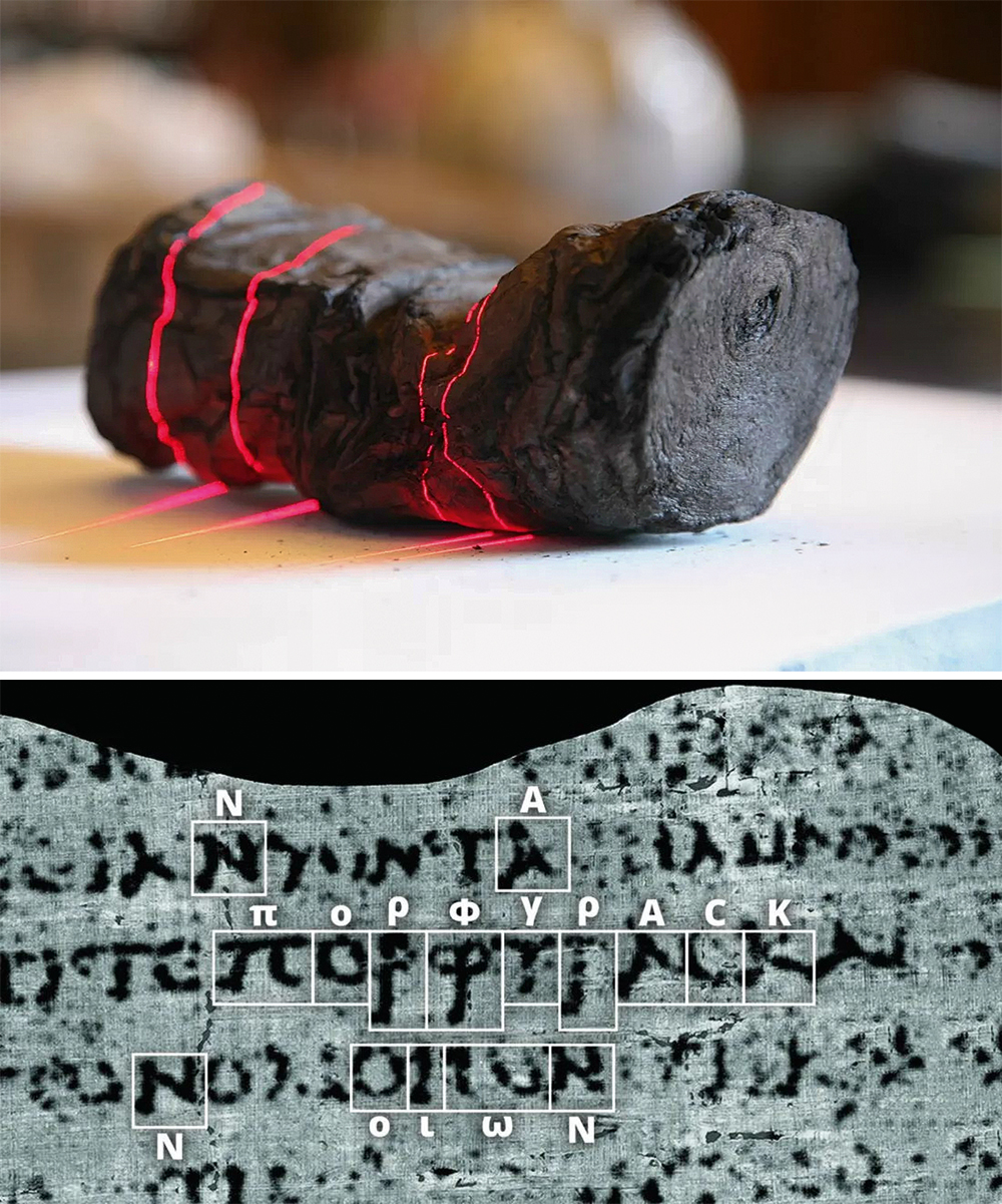 EURECA! - Da leitura do papiro (acima), que, tocado, se desintegra: surgiu a palavra roxo em grego (abaixo)