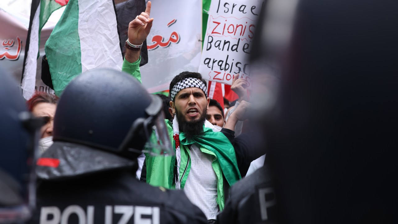 Protesters march on Al Nakba Day in Neukoelln district to demonstrate for the rights of Palestinians on May 15, 2021 in Berlin, Germany.