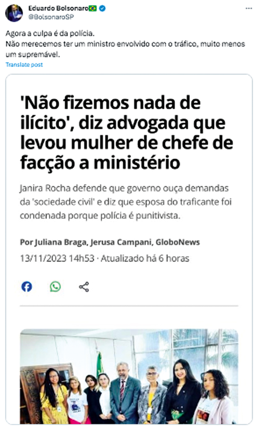 IRRESPONSABILIDADE - Eduardo Bolsonaro: “Não merecemos ter um ministro envolvido com o tráfico”