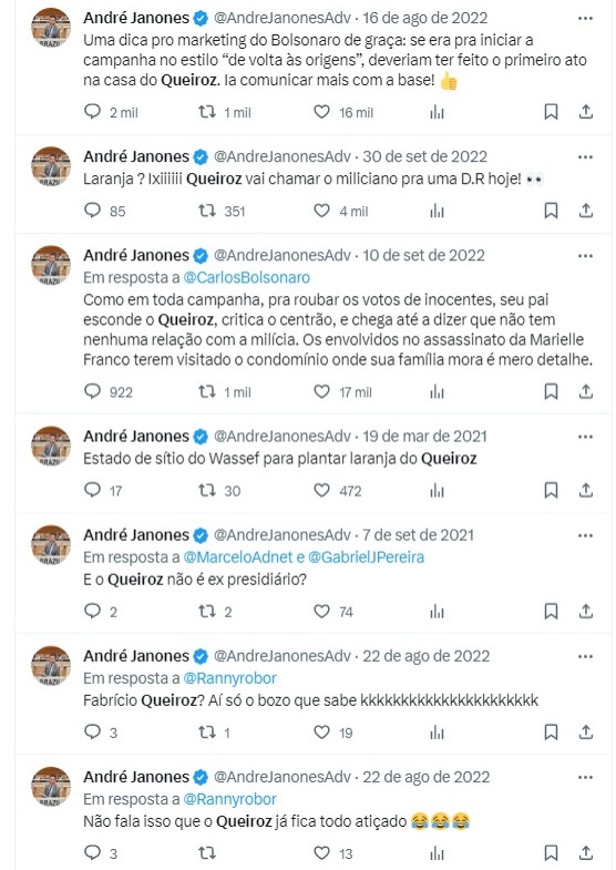 Tweets publicados pelo deputado federal André Janones (Avante-MG) mencionando Fabrício Queiroz, ex-assessor parlamentar de Flávio Bolsonaro (PL-RJ)