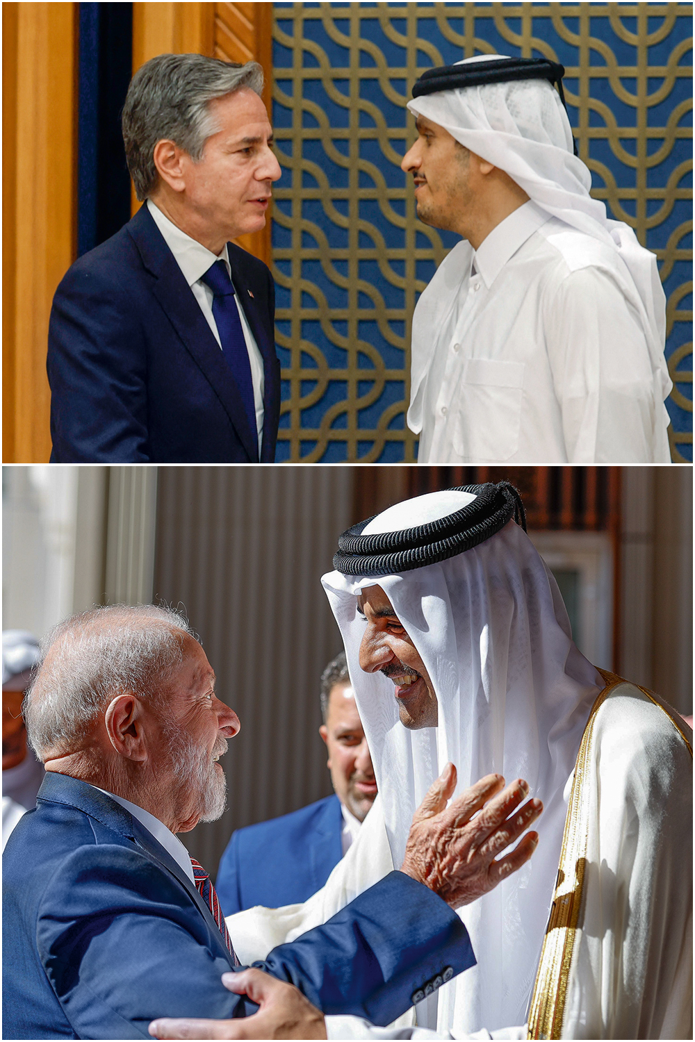 CÂMERA, AÇÃO - O emir Al-Thani com Blinken (acima), o secretário de Estado americano, e Lula (abaixo): selando laços com o plano de fazer de seu país uma Suíça na região