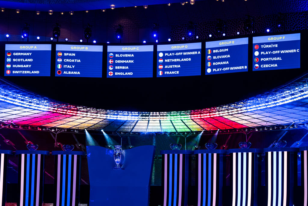 HAMBURG, GERMANY - DECEMBER 02: The official scoreboard with the different groups during the UEFA EURO 2024 Final Tournament Draw at Elbphilharmonie on December 02, 2023 in Hamburg, Germany. (Photo by Marvin Ibo Guengoer - GES Sportfoto/Getty Images)
