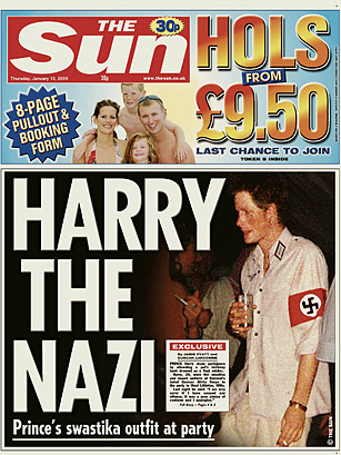 harry_nazi Capa do 'The Sun' de 2005, com foto do príncipe Harry usando fantasia de nazista em festa -