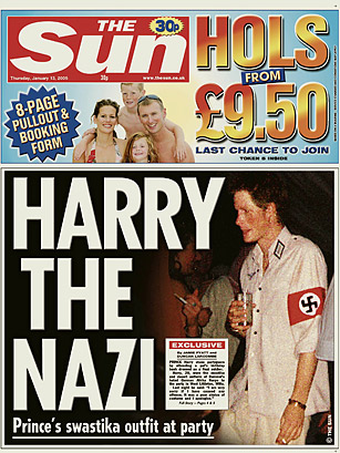 Capa do 'The Sun' de 2005, com foto do príncipe Harry usando fantasia de nazista em festa -