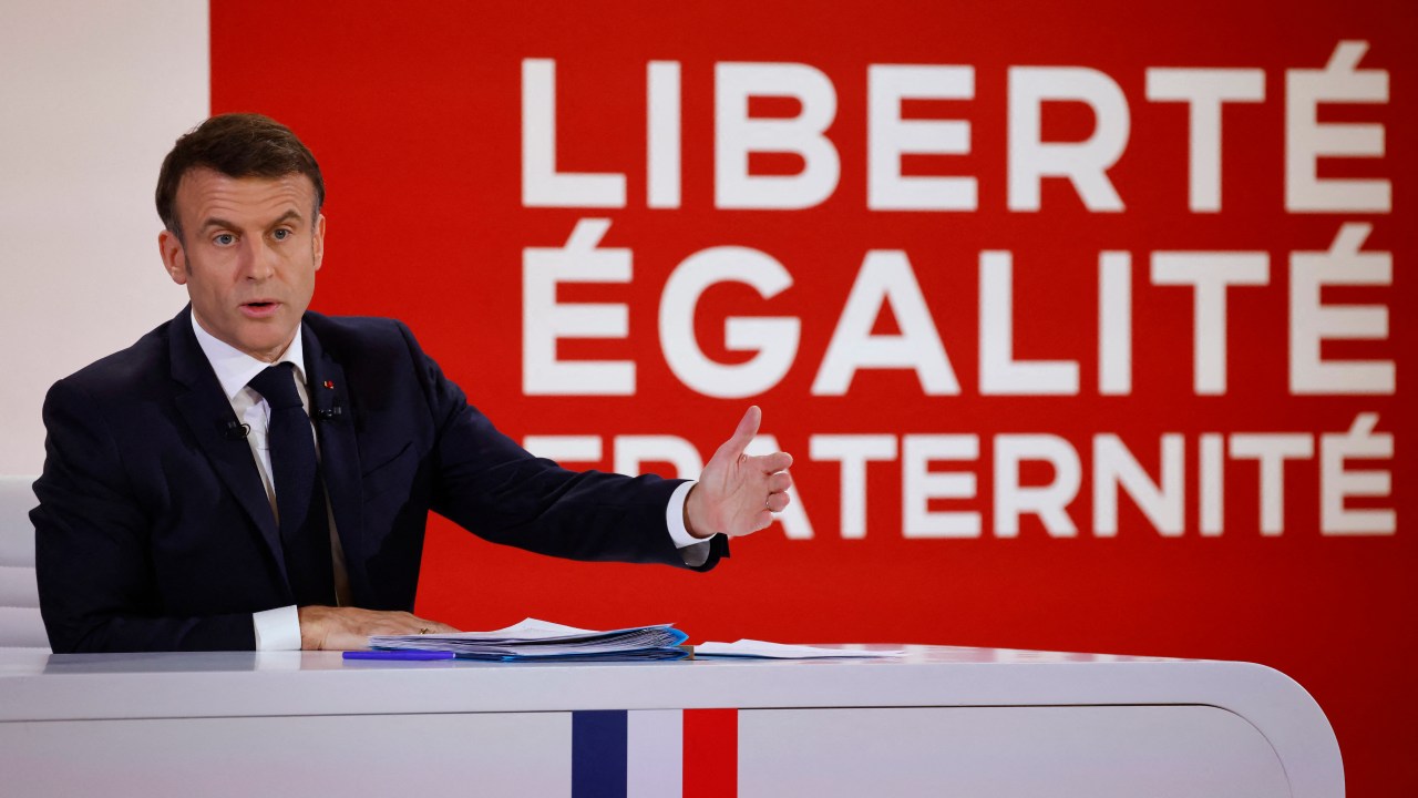 O presidente da França, Emmanuel Macron, durante conferência no Palácio do Eliseu, em Paris. 16/01/2024