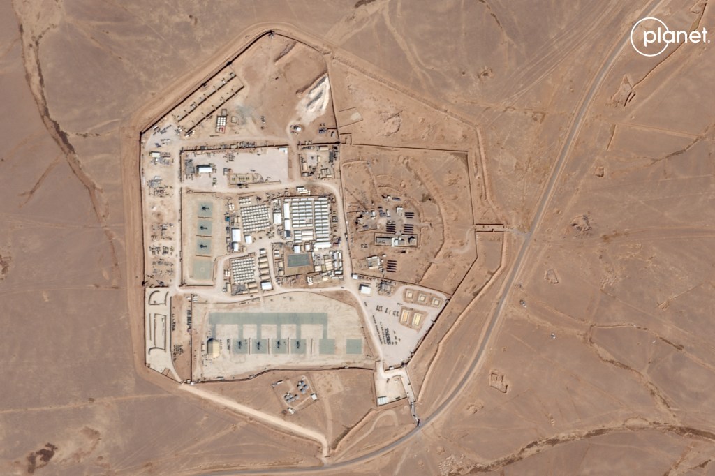 This handout satellite picture released on January 29, 2024 by Planet Labs PBC and captured on October 12, 2023 shows a view of the base, known as Tower 22, which is operated by US troops as part of an international coalition against the Islamic State (IS) jihadist group, near Jordan's border with Iraq and Syria in the northeastern Rwaished District. A drone attack on January 28, 2024 on the frontier base in Jordan's northeast, killed three US troops. (Photo by Planet Labs / AFP) / XGTY / RESTRICTED TO EDITORIAL USE - MANDATORY CREDIT "AFP PHOTO / PLANET LABS PBC" - NO MARKETING - NO ADVERTISING CAMPAIGNS - DISTRIBUTED AS A SERVICE TO CLIENTS
