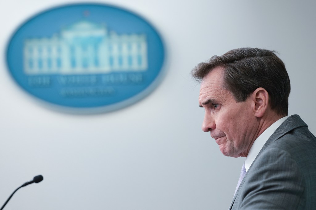 WASHINGTON, DC - JANUARY 29: National Security Council Coordinator for Strategic Communications John Kirby answers questions during the daily White House press briefing on January 29, 2024 in Washington, DC. Kirby answered a range of questions related primarily to a drone strike in Jordan yesterday that killed three U.S. service members, believed to have been carried out by an Iran-backed militia group. Win McNamee/Getty Images/AFP (Photo by WIN MCNAMEE / GETTY IMAGES NORTH AMERICA / Getty Images via AFP)