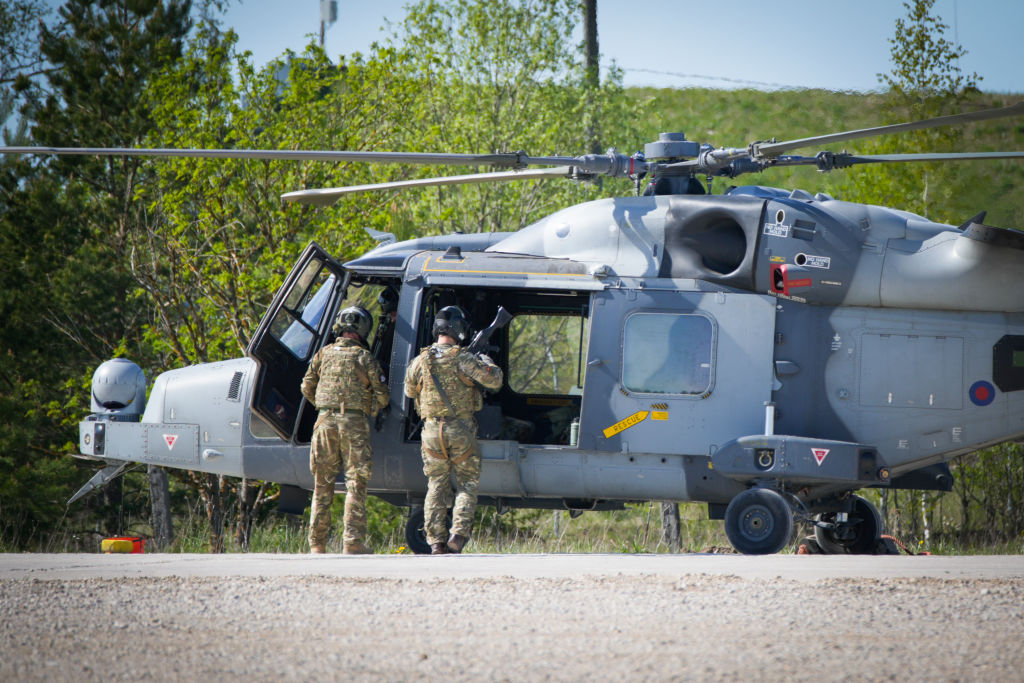 A Wildcat helicopter is seen in Tapa, Estonia on 20 May, 2023. Estonia is hosting the Spring Storm NATO exercises involving over 13 thousand personnel with US, German, British, French and Polish forces training together with the Estonian Defence Forces (eDF). (Photo by Jaap Arriens/NurPhoto via Getty Images)