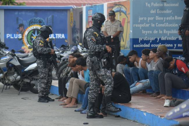 Ecuador Declares Internal Armed Conflict as Gunmen Take Over Live TV Broadcast and Narco Violence Spreads Across The Country GUAYAQUIL, ECUADOR - JANUARY 10: Police present detainees in the case of TC Televisión on January 10, 2024 in Guayaquil, Ecuador. President Noboa declared