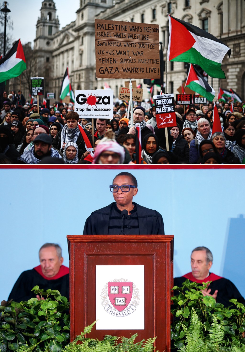 UM LADO SÓ - Ato pró-Palestina (acima) e Claudine Gay, de Harvard: nada de condenar o antissemitismo