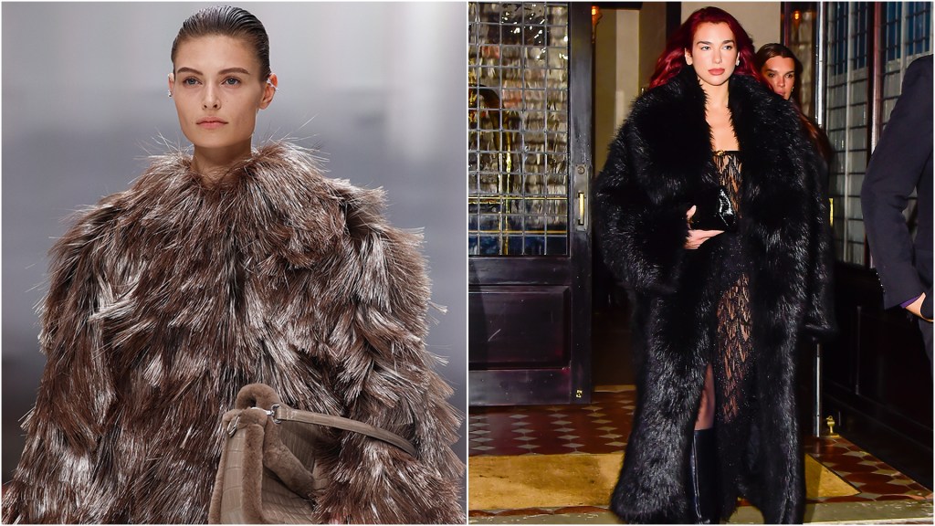 MUNDO REAL - Desfile da Fendi na Semana de Moda de Paris e a cantora Dua Lipa (à dir.): indevida e deslocada ostentação com sobretudos vistosos