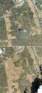 (COMBO) This combination of pictures created on February 16, 2024 shows satellite photos courtesy of Maxar Techonologies of an area adjacent to the Egypt-Gaza Strip border in Rafah, Egypt on February 10, 2024 (top), and an overview of the same area (bottom) on February 15, 2024 after it was land graded. Hundreds of thousands of displaced Palestinians have been driven into Gaza's southernmost city by Israel's relentless military campaign, seeking shelter in a sprawling makeshift encampment near the Egypt border. (Photo by Handout / Satellite image ©2024 Maxar Technologies / AFP) / RESTRICTED TO EDITORIAL USE - MANDATORY CREDIT "AFP PHOTO / Satellite image ©2024 Maxar Technologies " - NO MARKETING - NO ADVERTISING CAMPAIGNS - DISTRIBUTED AS A SERVICE TO CLIENTS - THE WATERMARK MAY NOT BE REMOVED/CROPPED