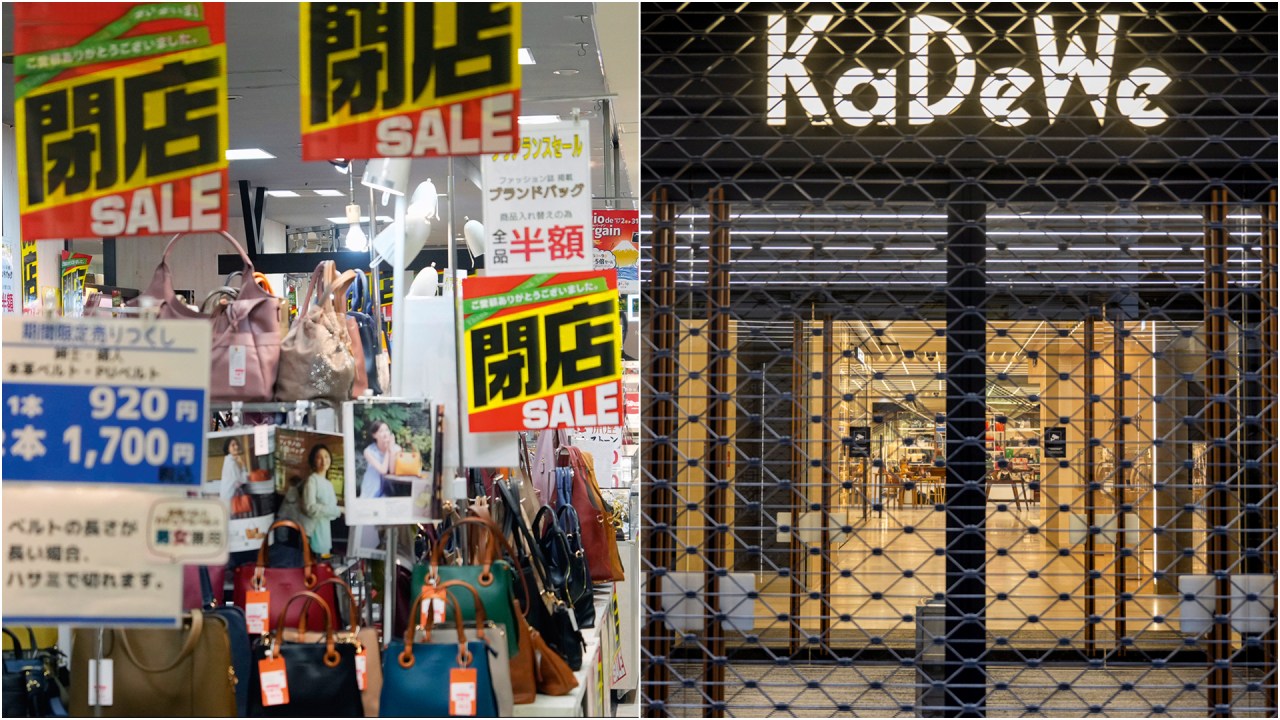 CRISE - Liquidação no Japão (à esq.) e a centenária loja alemã KaDeWe, que pediu falência: consumo em queda