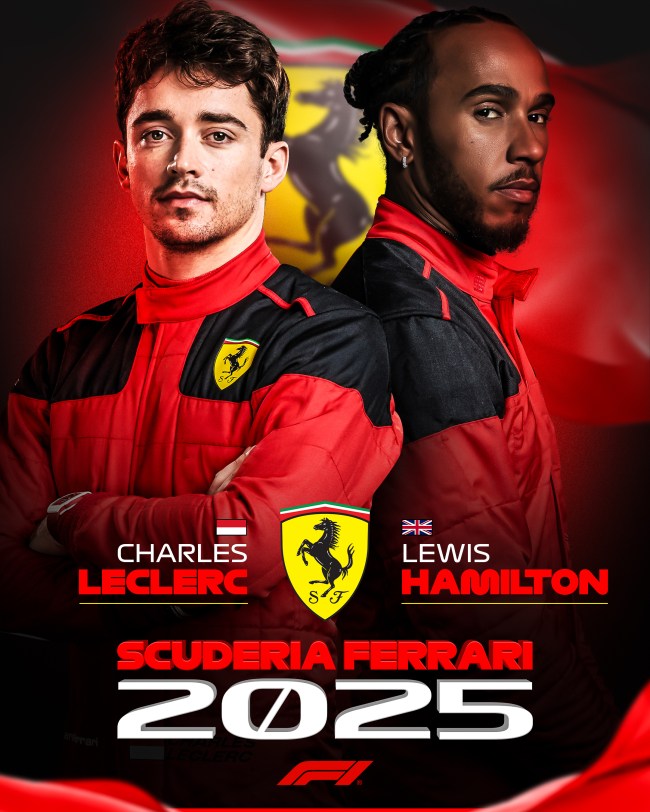 Cartaz do anúncio oficial já mostra Lewis Hamilton com o uniforme da Ferrari, ao lado de Charles LeClerc -