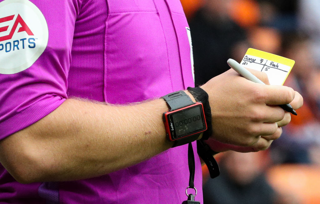 BLACKPOOL, ENGLAND - OCTOBER 02: Detail of referee Joshua Smiths yellow card during the Sky Bet Championship match between Blackpool and Blackburn Rovers at Bloomfield Road on October 2, 2021 in Blackpool, England. (Photo by Alex Dodd - CameraSport via Getty Images)