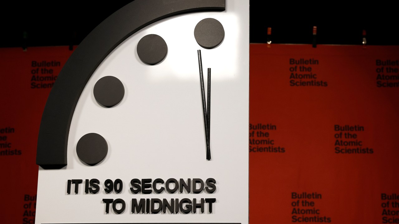WASHINGTON, DC - JANUARY 24: The 2023 Doomsday Clock is displayed before of a live-streamed event with members of the Bulletin of the Atomic Scientists on January 24, 2023 in Washington, DC. This year the Doomsday Clock is set at ninety seconds to Midnight (Photo by Anna Moneymaker/Getty Images)